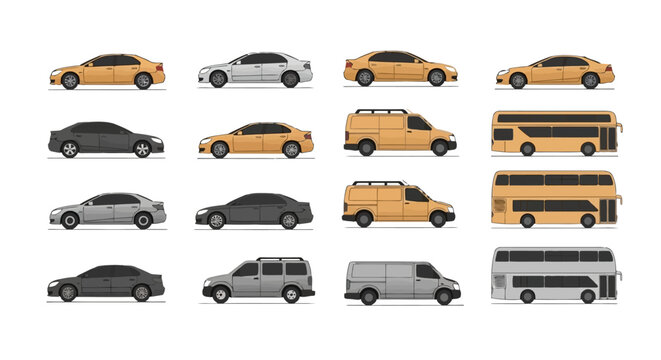 Collection of various cars, vans, and doubledecker buses in side view