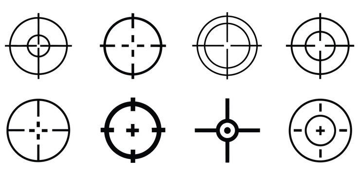 Target icons set gun target focus crosshair reticle viewfinder target destination flat and line style, precision aiming and objective tracking concept vector