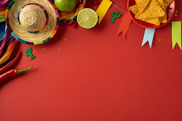 Fototapeta premium Colorful Cinco de Mayo fiesta scene with sombrero, lime, chili and nacho chip on red background