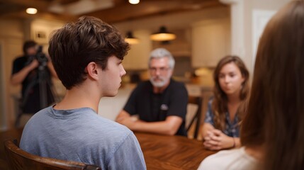 Fototapeta premium Diverse group of people engaged in a collaborative discussion around a large wooden table in a modern indoor setting