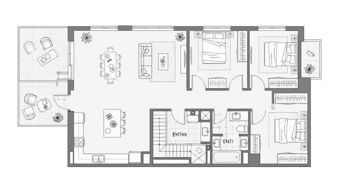 Architectural floor plan of a modern apartment with three bedrooms, a living room, kitchen, and balconies