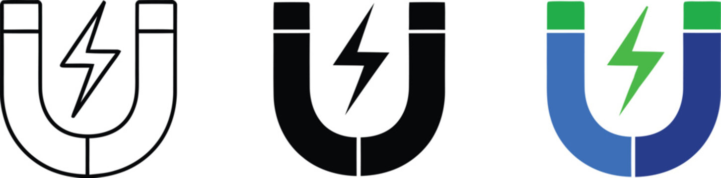Electricity magnetism icon set lightning bolt within horseshoe magnet illustrations