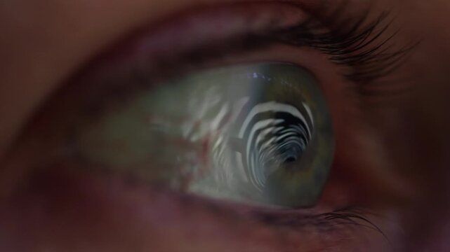 AI code on eyeglass glass, reflection on woman developer eyeglasses, working in dark office, tired busy people, depression on work, haker or it engineer with laptop, stocks markets. 