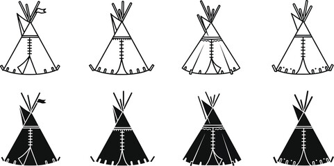 Native american teepee icon set black and white vector illustrations for design © MDRAJU