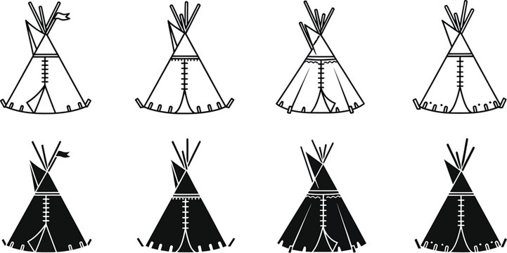 Native american teepee icon set black and white vector illustrations for design