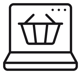 Online shopping vector icon illustration featuring a laptop computer with a shopping basket on the screen, representing e-commerce, digital retail, and internet marketplace business concepts. © Elva