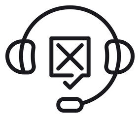 Customer service feedback and evaluation vector icon illustration featuring a headset with microphone, a square box with a cross mark for rejection, and a checkmark for approval or survey results. © Elva