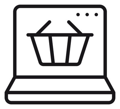 Online shopping vector icon illustration featuring a laptop computer with a shopping basket on the screen, representing e-commerce, digital retail, and internet marketplace business concepts.