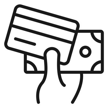 Hand Holding Credit Card and Cash Banknote Vector Icon, Minimalist Black Line Illustration for Payment Methods, Finance, Banking, and Commerce Concepts, Isolated on White Background
