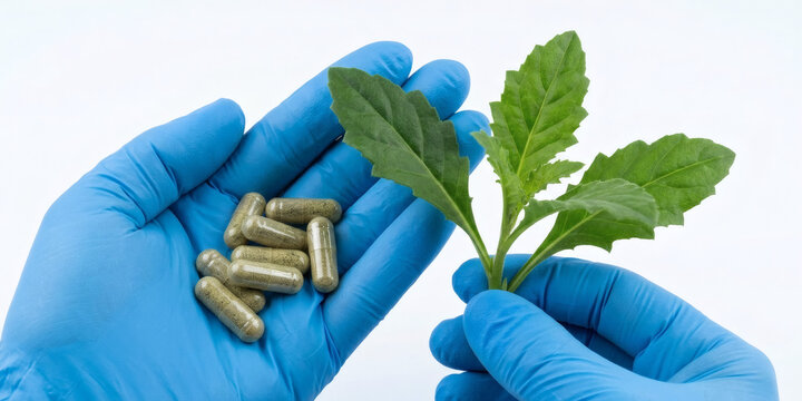 Daun Dewa (Gynura procumbens) medical extract capsules in blue-gloved hands isolated on white background, traditional herbal medicine for anti-inflammatory treatment and healthy lifestyle.