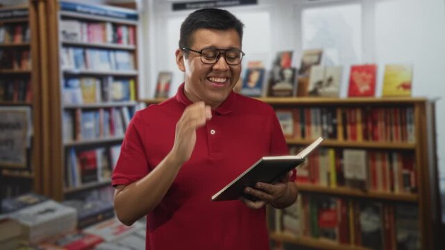 Man holding book with hand to mouth laughing while reading in a building library, wearing glasses and red polo; joy curiosity learning.