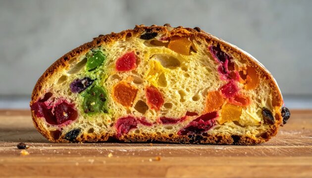 Close up of a delicious slice of fruit bread with colorful candied fruits.