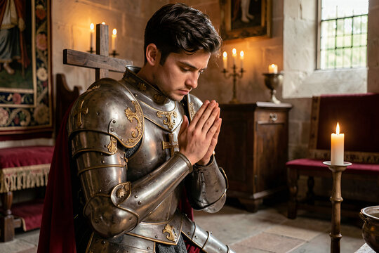 Medieval Knight Praying in a Candlelit Room
