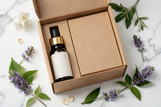 Cosmetic skincare mockup set with blank bottle and packaging box on marble background with lavender