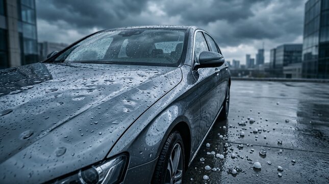 Car Surface Damaged by Hail with Ice Balls, Auto Insurance Claim and Weather Damage Concept