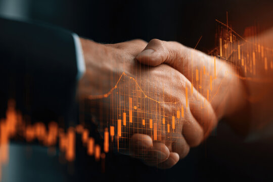 A close-up of a handshake between two professionals, symbolizing partnership and growth with a financial graph overlay