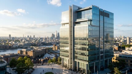 Fototapeta premium Medium shot of a modern office tower reflecting sunlight sharply focused against a softly blurred urban skyline highlighting commercial real estate investment trust portfolios.