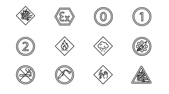 Industrial Safety Warning Icons and ATEX Zone Symbols for Hazardous Material Environments