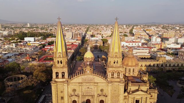 Aerial view of the sunset in Guadalajara (Mexico) with the cathedral