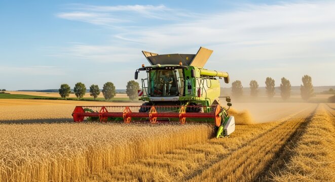 Golden Wheat Field Harvested by Green Combine Harvester Under a Clear Blue Sky