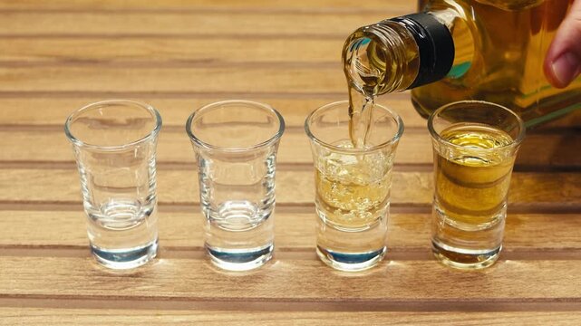 Mexican Tequila Mezcal pouring with lime and salt on a stone table. Strong vodka rum alcoholic drink is poured from a bottle into a shots.
