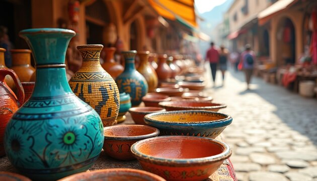 Colorful ceramic vases and clay bowls sit on display at an outdoor market stall. People walk down a cobblestone street lined with shops. Local crafts and pottery are for sale under awnings.