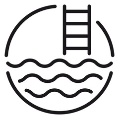 Swimming pool vector icon featuring a ladder and wavy water lines inside a circular border. Minimalist black line art illustration for summer vacation, leisure, and aquatic sports concepts. © Pam