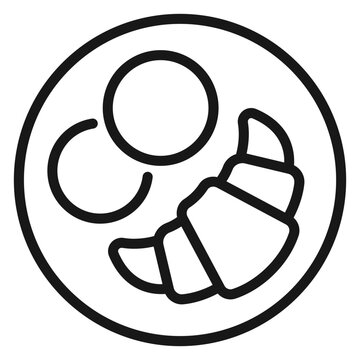 Minimalist Black Line Art Vector Icon Illustration of a Breakfast Plate Featuring a Flaky Croissant and Two Round Cookies, Perfect for Bakery, Cafe, and Food-Related Graphic Design Projects.