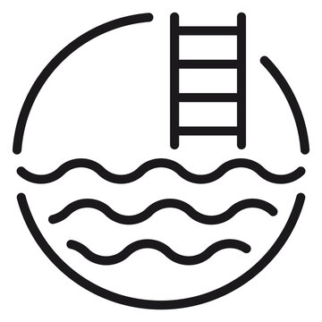Swimming pool vector icon featuring a ladder and wavy water lines inside a circular border. Minimalist black line art illustration for summer vacation, leisure, and aquatic sports concepts.