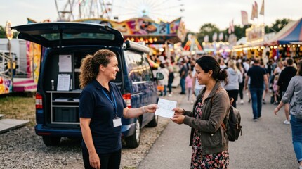 Obraz premium Medium shot of a mobile insurance van with an agent handing a quick quote to a customer at a lively fairground background blurred to emphasize the interaction.