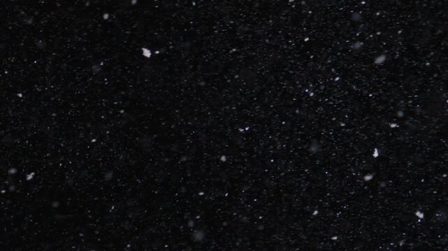 Falling snow for luma matte compositing. Falling snow on black background overlay. Falling snow with natural drifting snowflakes. Falling snow with dense floating particles.