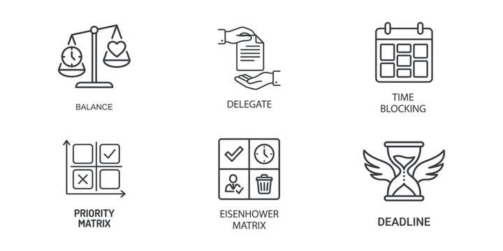 Time management and productivity icon set featuring balance, delegation, time blocking, priority matrix, Eisenhower matrix, and deadline symbols.