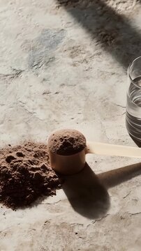 Whey protein mass gainer powder with scoop and glass of water on a sunlit textured surface, ideal for fitness and muscle-building nutrition concepts