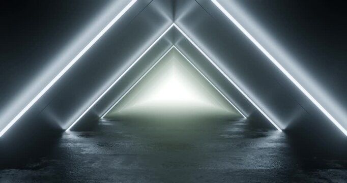 Futuristic neon triangle tunnel with glowing light portal looping animation