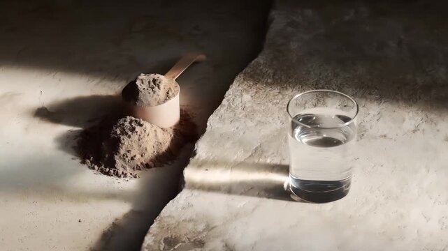 Whey mass gainer protein powder with scoop and glass of water on a stone surface, ideal for fitness, muscle building, and modern nutrition concepts