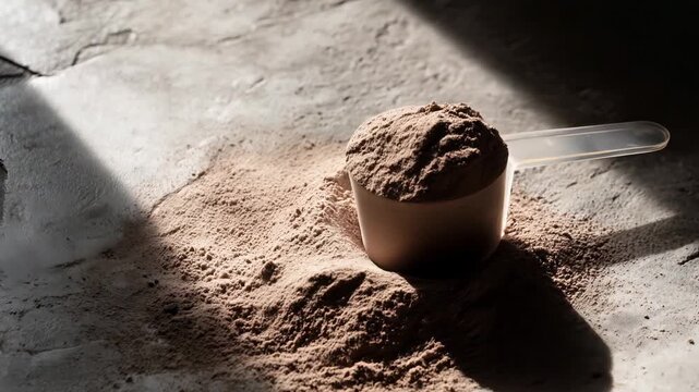 High-quality whey mass gainer protein powder with scoop on textured surface, ideal for fitness, muscle growth, and modern nutrition branding