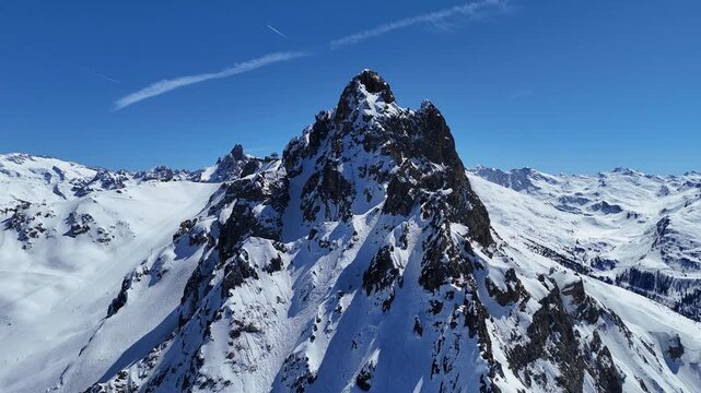 Aerial view of snowcapped  hills  of French alps by winter