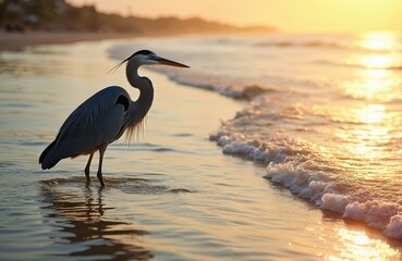 Fototapeta premium Grey heron bird stands in shallow ocean water at sunset beach. Bird waits for fish on calm sea coast with golden sun reflection on water surface. Nature wildlife.