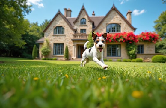 Small dog with tri-color fur runs on green grass lawn. Happy terrier plays near large stone house with red flowers. Bright sunny day, blue sky above lush garden.