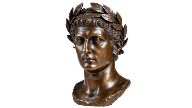 Bronze bust of Roman emperor Augustus wearing laurel wreath, isolated on transparent background