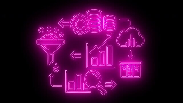 Neon pink illustration of business and data analysis icons on a black background with a futuristic feel.