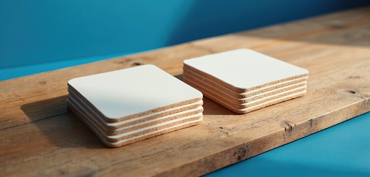 Two stacks of blank square coasters sit on a rustic wooden table. The coasters have white surfaces and layered cork bases, ready for custom designs. A bright blue background creates a clean backdrop.
