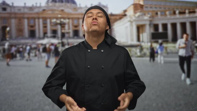 Man chef in black uniform holds ok sign with hands in vatican square near st peter basilica; culinary pride.