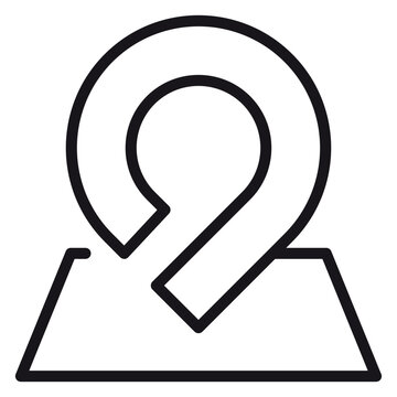 Minimalist black vector icon illustration of a map marker pin pointing to a trapezoidal map surface, symbolizing navigation, GPS location, destination tracking, and point of interest.