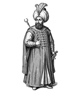 Ottoman sultan with turban crescent scepter vintage engraving