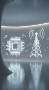 Futuristic Distributed Computing Concept: Holographic Microchip and Signal Tower Projections in Minimalist Gray Architectural Space &ndash; Edge Network and Intelligent Technology Concept