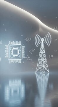 Futuristic Distributed Computing Concept: Holographic Microchip and Signal Tower Projections in Minimalist Gray Architectural Space &ndash; Edge Network and Intelligent Technology Concept