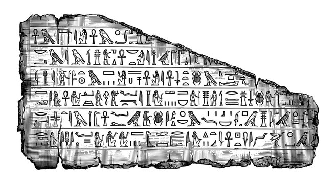 Ancient Egyptian hieroglyphs on stone fragment vintage engraving