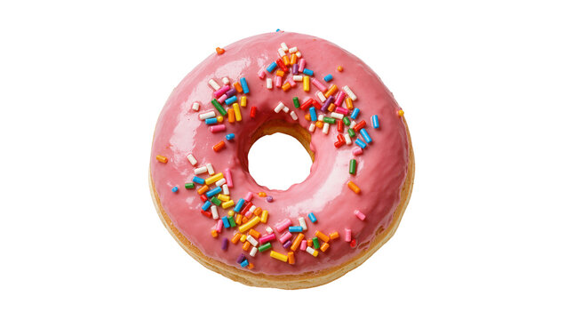 Pink frosted donut with colorful sprinkles, isolated on transparent background
