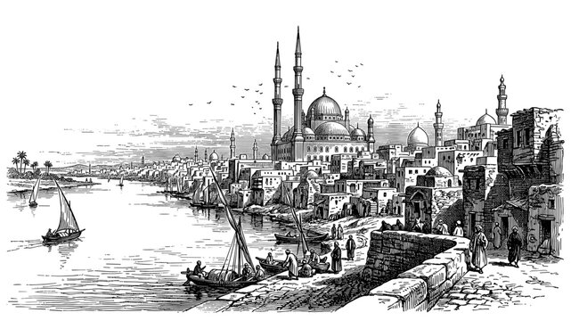 Mosque of Muhammad Ali in Cairo on Nile vintage engraving